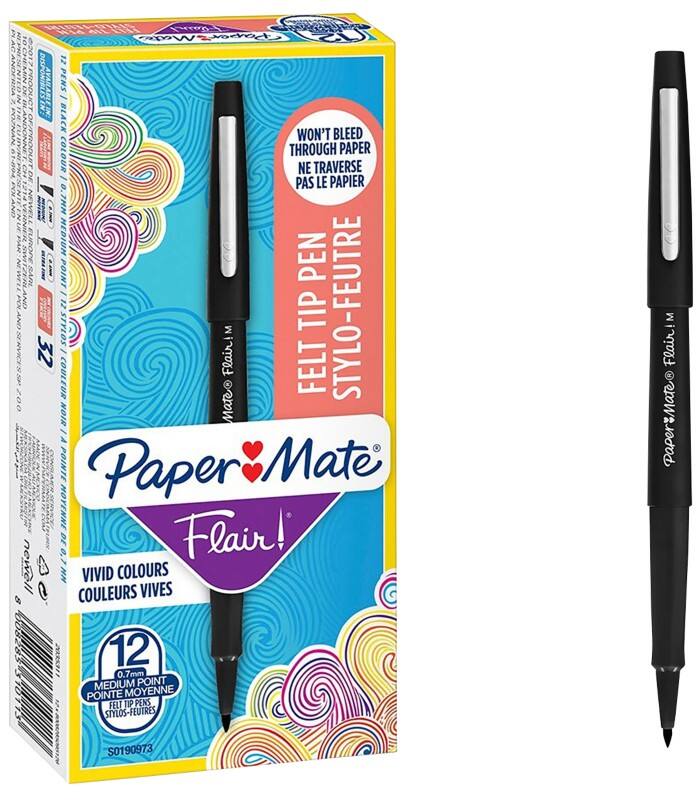 Papermate Fineliner Pen 0.8 mm Needlepoint Black Flair Pack of 12
