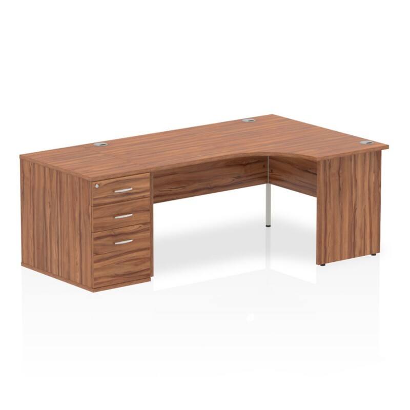 dynamic Impulse Right Hand Desk Corner Walnut Base panel 3 Drawers 1 Pedestal 2,030 (W) x 1,200 (D) x 730 (H) mm MFC (Melamine Faced Chipboard)