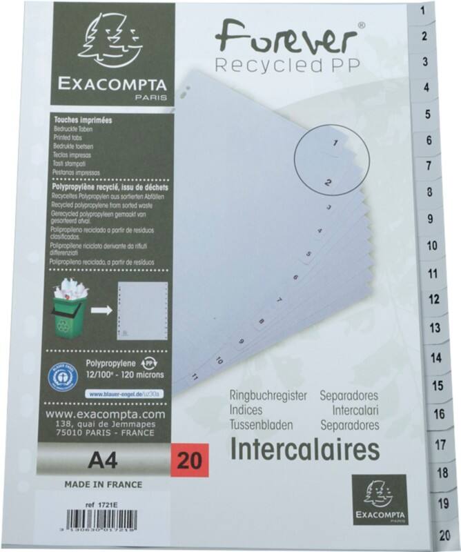 Exacompta 1 to 20 Numerical Dividers 100% Recycled A4 Portrait Grey 20 Part PP (Polypropylene) 11 Holes 1721E Pack of 20