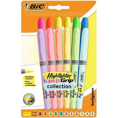 BIC Grip Highlighter Assorted Bright & Pastel Medium Chisel Pack of 12