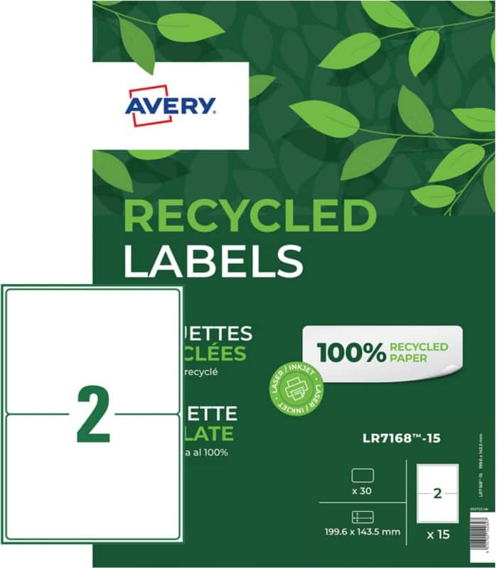 Avery Recycled Address Labels LR7168-15 199.6 x 143.5 mm 15 Sheets Pack of 30