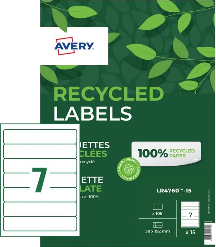Avery Recycled Filing Labels LR4760-15, 38 x 192 mm 15 Sheets of 7 Labels