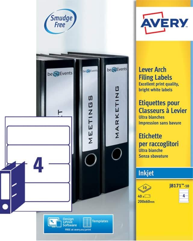 Avery Filing Labels J8171-10, 60 x 200 mm 10 Sheets of 4 Labels
