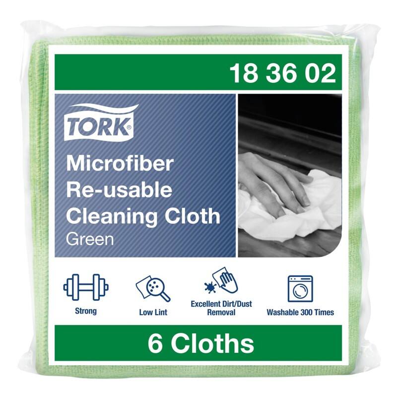 Tork Microfibre Reusable Cleaning Cloth Green Dry and Wet Use 183602 Pack of 6 