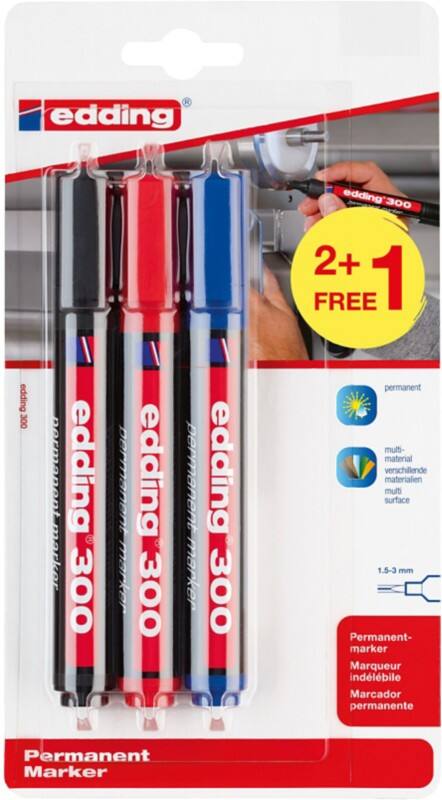 edding 300 Permanent Marker  Medium Bullet 1.5 - 3 mm Assorted Refillable Water-Resistant Pack of 3