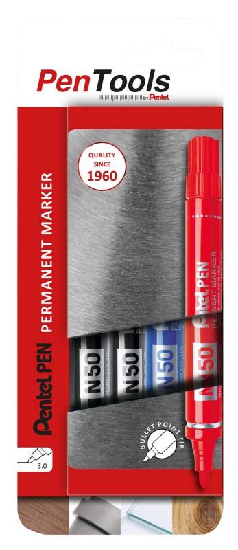 Pentel N50 Permanent Marker Medium Bullet  - 3 mm Assorted Non Refillable Pack of 4