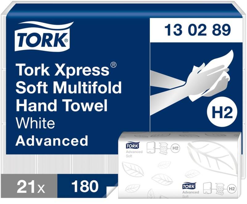 Tork Xpress Advanced Paper Hand Towels H2 M-fold White 2 Ply 130289 180 Sheets Pack of 21