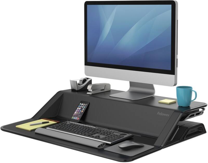 Fellowes Lotus Height Adjustable Sit Stand Workstation Black T-Foot 831 (W) x 616 (D) x 442 (H) mm ABS (Acrylonitrile Butadiene Styrene), Metal, Steel