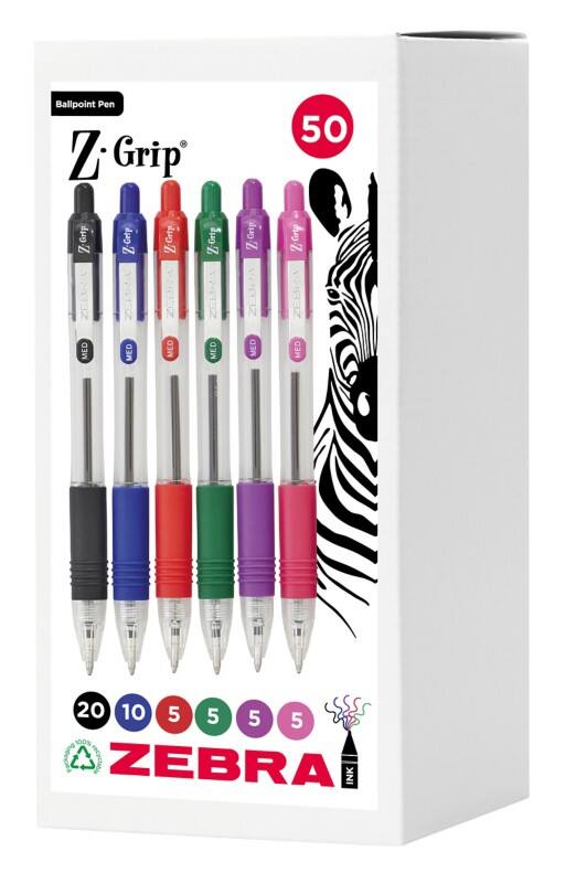 Zebra Z-Grip 2758 Ballpoint Pen Assorted 0.5 mm Medium Ballpoint Non Refillable Pack of 50