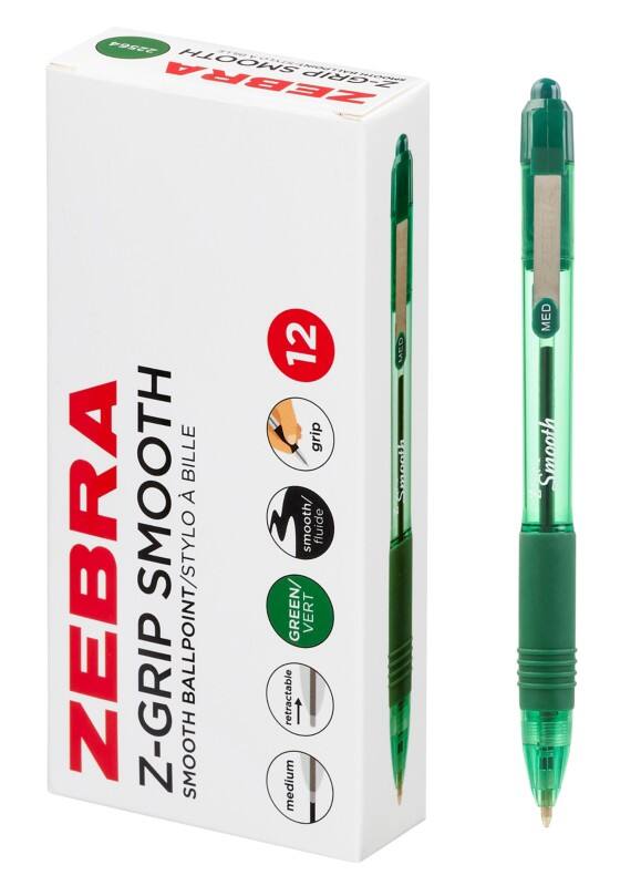 Zebra Z-Grip Smooth 22564 Retractable Ballpoint Pen Green 0.4 mm Medium Ballpoint Non Refillable Pack of 12