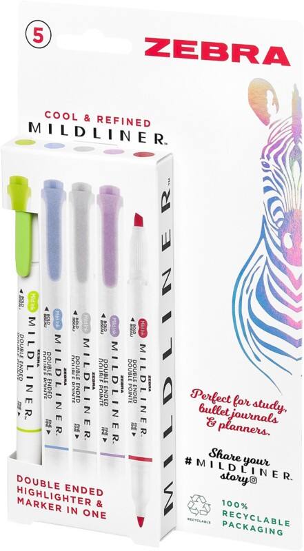 Zebra Mildliner 2690 Highlighter Assorted Broad Chisel  - 4 mm Non Refillable Pack of 5