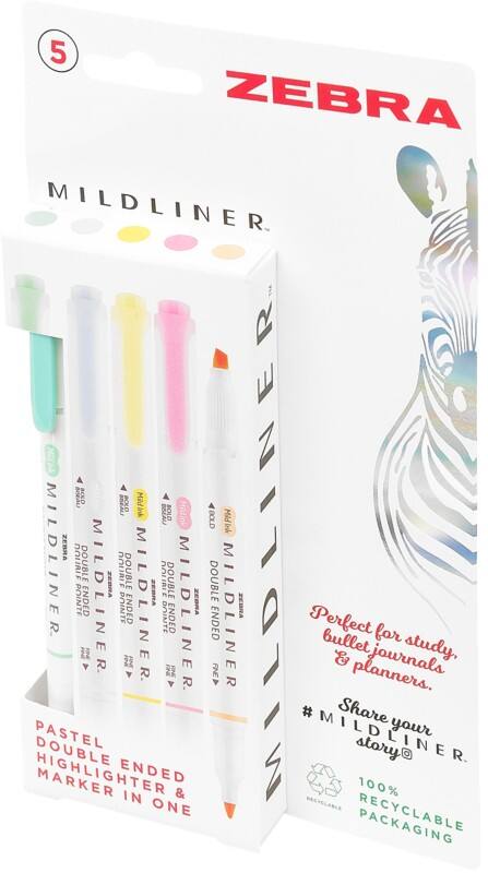 Zebra Mildliner 2597 Highlighter Assorted Broad Chisel  - 4 mm Non Refillable Pack of 5