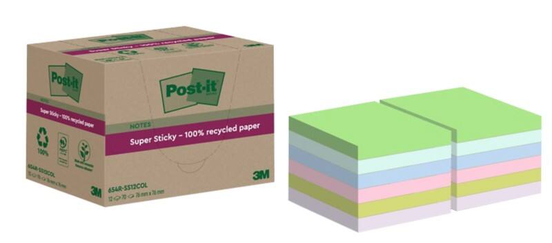 Post-it Super Sticky Recycled Notes 76 x 76 mm Assorted 70 Sheets Pack of 12 Pads