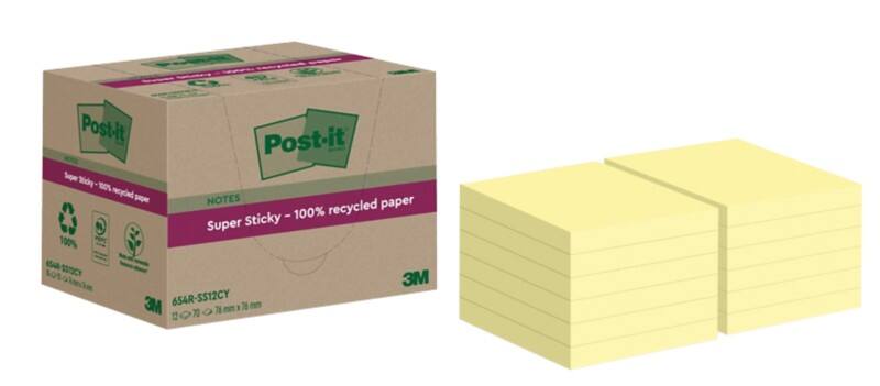 Post-it Super Sticky Recycled Notes 76 x 76 mm Canary Yellow 70 Sheets Pack of 12 Pads