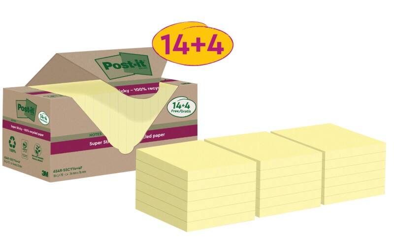 Post-it Super Sticky Recycled Notes 76 x 76 mm Canary Yellow 70 Sheets Value Pack 14 + 4 Free