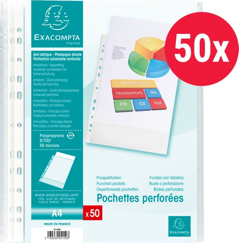 Exacompta Punched Pockets  A4 Orange Peel Transparent 50 microns PP (Polypropylene) Top Opening 5150E Pack of 50