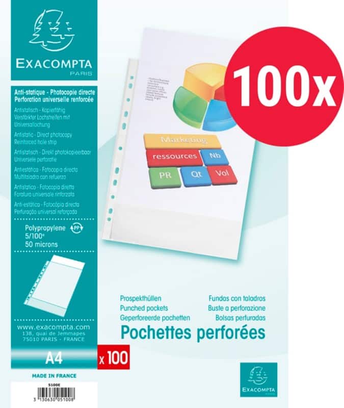Exacompta Punched Pockets  A4 Orange Peel Transparent 50 microns PP (Polypropylene) Top Opening 5100E Pack of 100