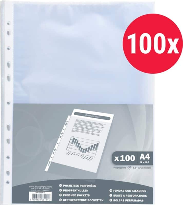 Exacompta Punched Pockets  A4 Orange Peel Transparent 40 microns PP (Polypropylene) Top Opening 5111E Pack of 100