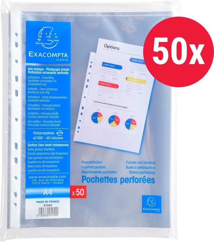 Exacompta Punched Pockets  A4 Smooth Transparent 60 microns PP (Polypropylene) Top Opening 5250E Pack of 50