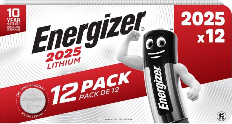 Energizer Coin Cell CR2025 Lithium Manganese Dioxide (Li-MnO2) 3 V Pack of 12