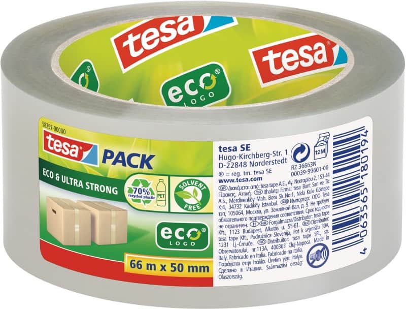 tesa Packaging Tape tesapack Eco & Ultra Strong Transparent 66 m x 50 mm PET (Polyethylene Terephthalate)