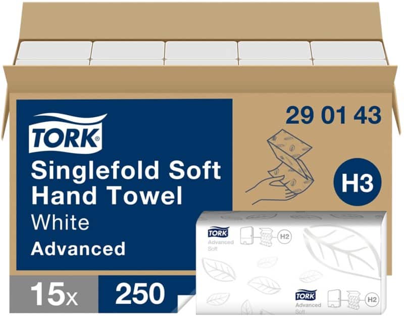 Tork Advanced 100% Recycled Paper Hand Towels H3 V-fold White 1 Ply 290143 250 Sheets Pack of 15