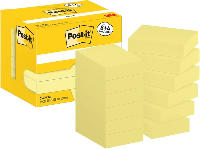 Post-it Sticky Notes 653-Y12 38 x 51 mm 100 Sheets Per Pad Yellow Pack of 12 (8+4 Free)