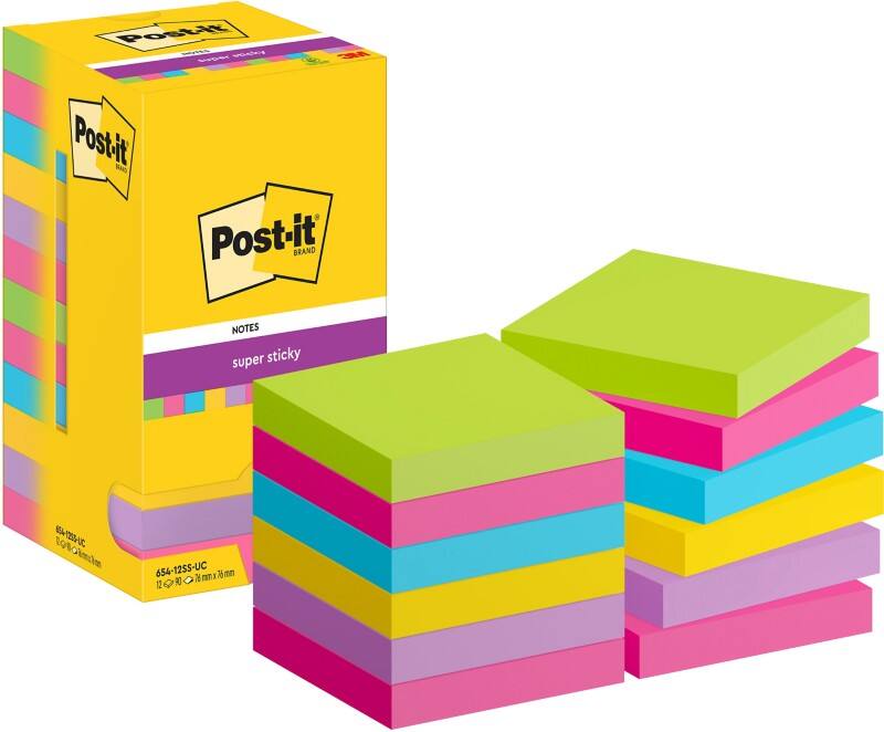 Post-it Super Sticky Notes  654-12SS-UC 76 x 76 mm 90 Sheets Per Pad Blue, Green, Pink, Purple, Yellow Square Plain Pack of 12