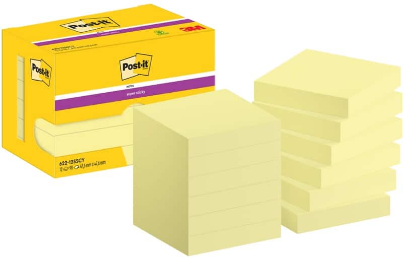 Post-it Super Sticky Notes 622-12SSCY 47.6 x 47.6 mm 90 Sheets Per Pad Yellow Square Plain Pack of 12
