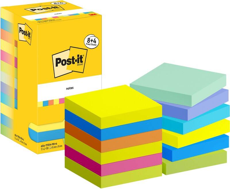 Post-it Energetic Sticky Notes Square 76 x 76 mm Plain Assorted 654-MX-P8+4 100 Sheets Value Pack 8 + 4 Free
