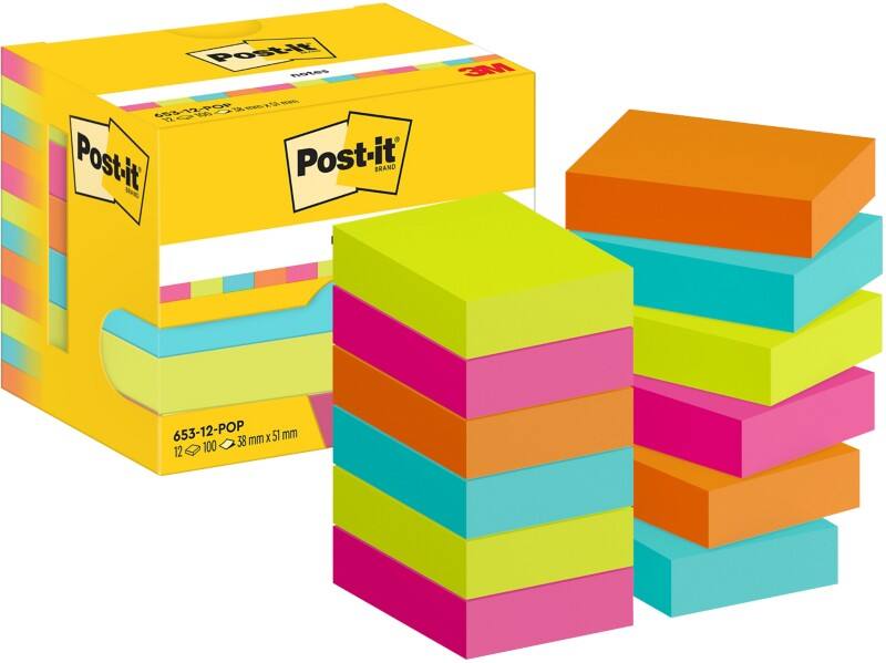 Post-it Sticky Notes 653-12-POP 38 x 51 mm 100 Sheets Per Pad Blue, Green, Orange, Pink Pack of 12