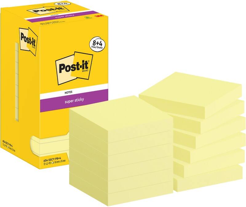 Post-it Super Sticky Notes Square 76 x 76 mm Plain Canary Yellow 654-SSCY-P8+4 90 Sheets Value Pack 8 + 4 Free