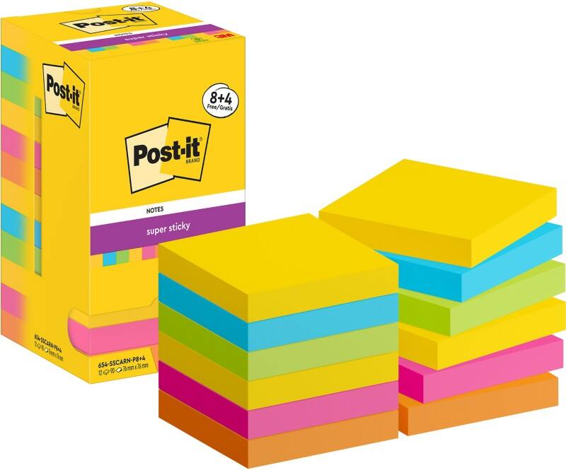 Post-it Carnival Collection Super Sticky Notes Square 76 x 76 mm Plain Assorted 654-SSCARN-P8+4 90 Sheets Value Pack 8 + 4 Free
