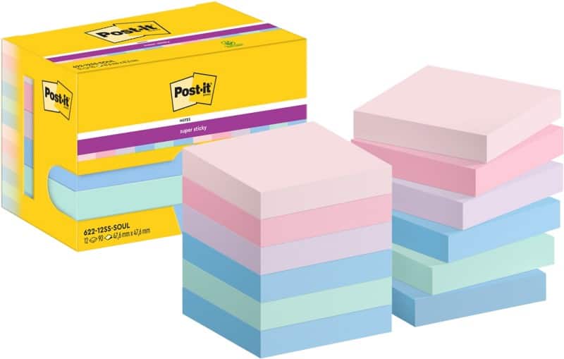 Post-it Super Sticky Notes622-12SS-SOUL  47.6 x 47.6 mm 90 Sheets Per Pad Blue, Green, Pink, Purple Square Plain Pack of 12
