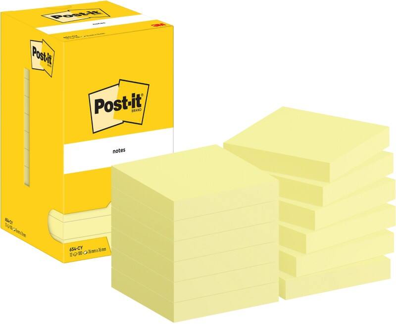 Post-it Sticky Notes 654-CY 76 x 76 mm 100 Sheets Per Pad Yellow Pack of 12