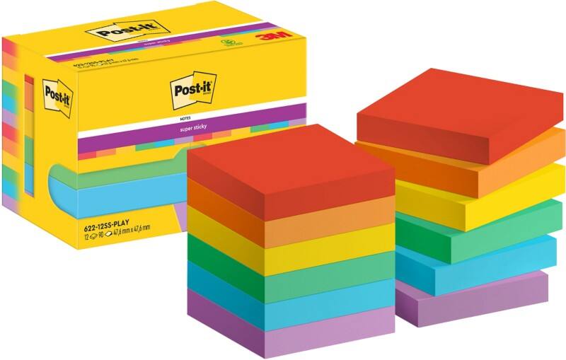Post-it Super Sticky Notes 622-12SS-PLAY 47.6 x 47.6 mm 90 Sheets Per Pad Blue, Green, Orange, Purple, Red, Yellow Square Plain Pack of 12