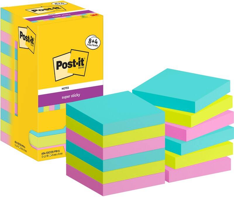 Post-it Cosmic Colours Super Sticky Notes Square 76 x 76 mm Plain Assorted 654-SSCOS-P8+4 90 Sheets Value Pack 8 + 4 Free