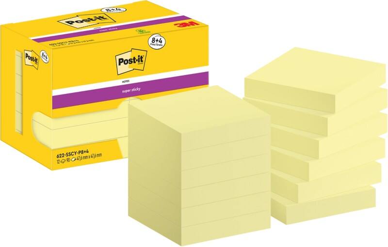 Post-it Super Sticky Notes Square 47.6 x 47.6 mm Plain Yellow 622-SSCY-P8+4 90 Sheets Value Pack 8 + 4 Free