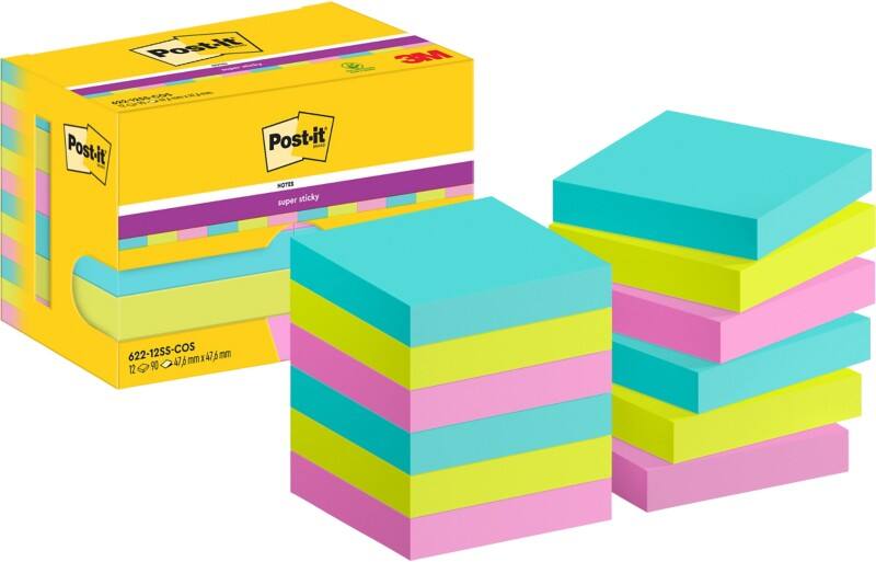 Post-it Super Sticky Notes 622-12SS-COS 47.6 x47.6 mm 90 Sheets Per Pad Green, Pink, Turquoise Square Plain Pack of 12