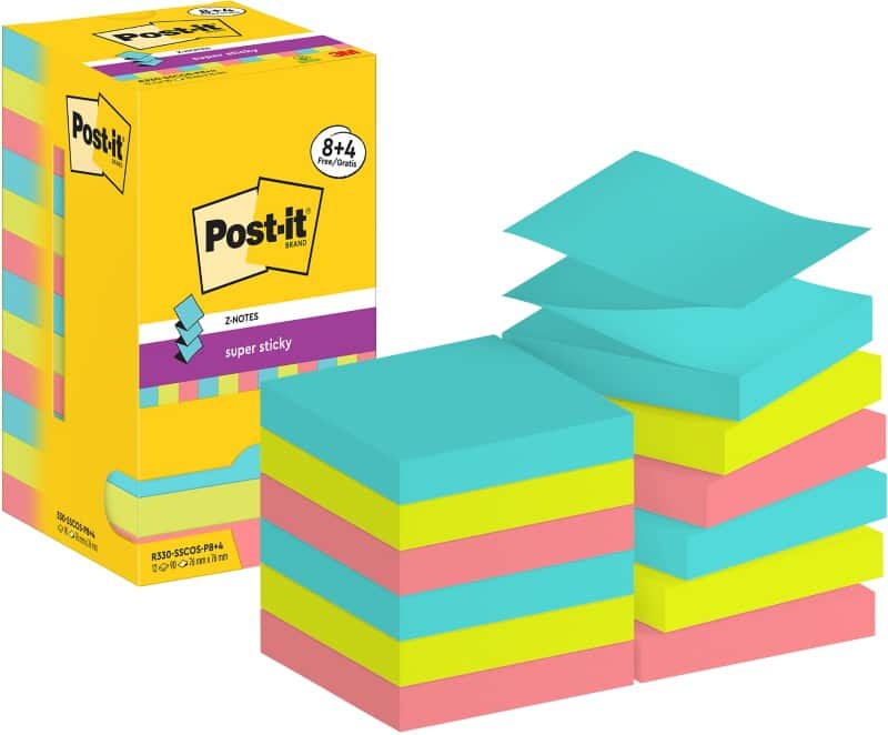 Post-it Cosmic Colours Super Sticky Z-Notes Square 76 x 76 mm Plain Assorted R330-SSCOS-P8+4 90 Sheets Value Pack 8 + 4 Free