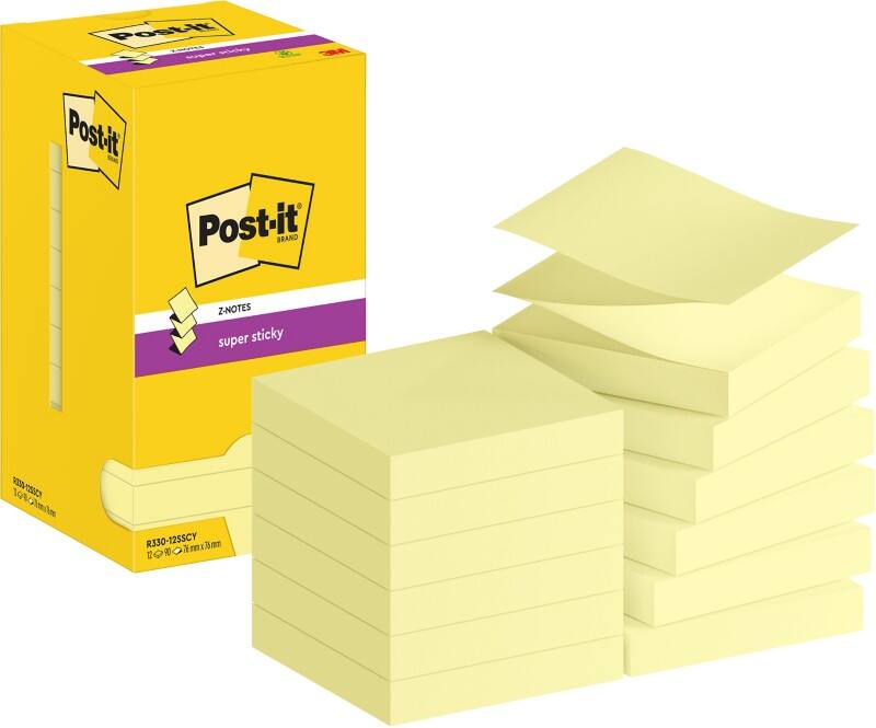 Post-it Super Sticky Z-Notes R330-12SSCY 76 x 76 mm 90 Sheets Per Pad Yellow Pack of 12
