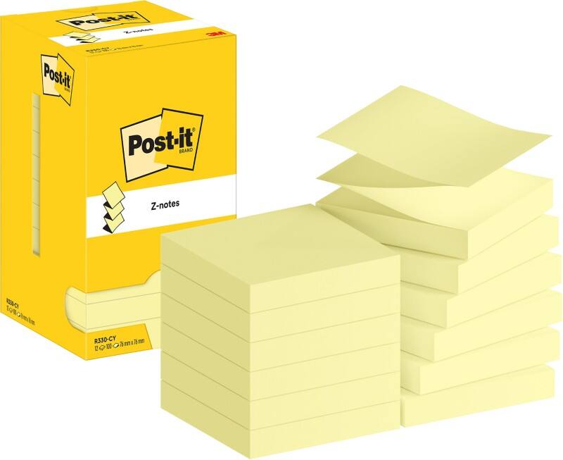 Post-it Sticky Z-Notes R330-CY 76 x 76 mm 100 Sheets Per Pad Yellow Pack of 12