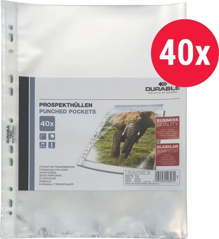 DURABLE Business Punched Pockets  A4 Clear 60 microns PP (Polypropylene) Top Opening 11 Holes 2673 Pack of 40