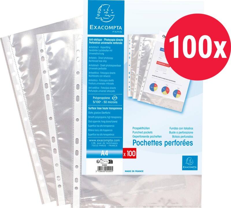 Exacompta Punched Pockets  A4 Clear Transparent 60 microns PP (Polypropylene) Top Opening 5200E Pack of 100