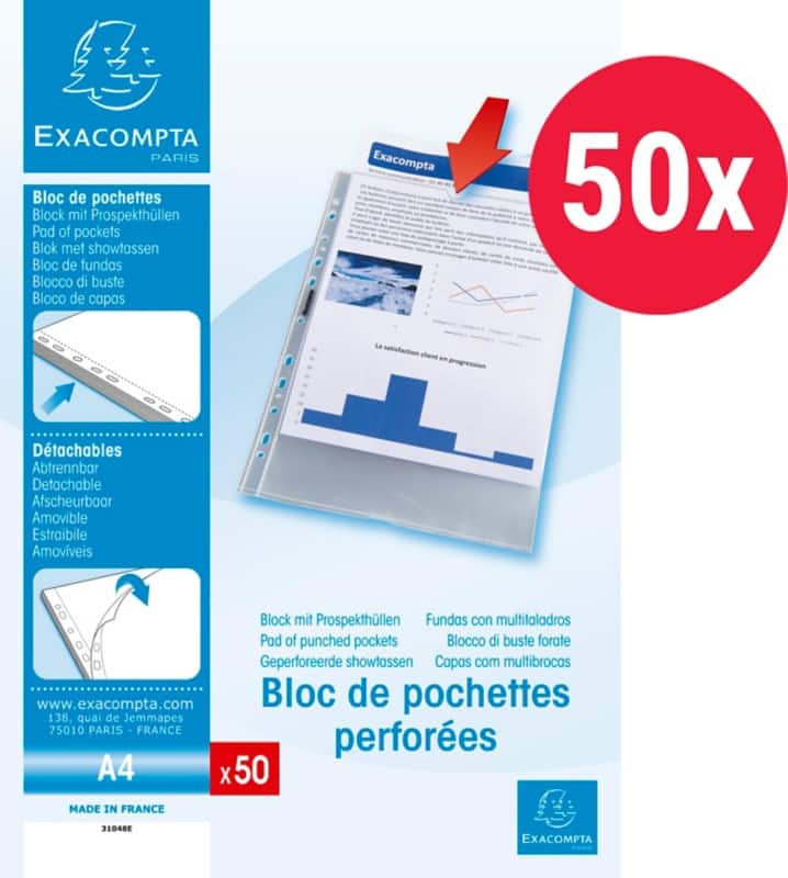Exacompta Punched Pockets  A4 Clear Transparent 50 microns PP (Polypropylene) Top Opening 31048E Pack of 50