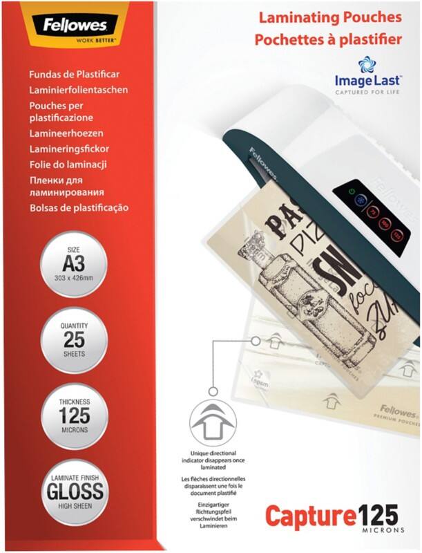 Fellowes ImageLast Laminating Pouches A3 Glossy 125 Transparent Pack of 25