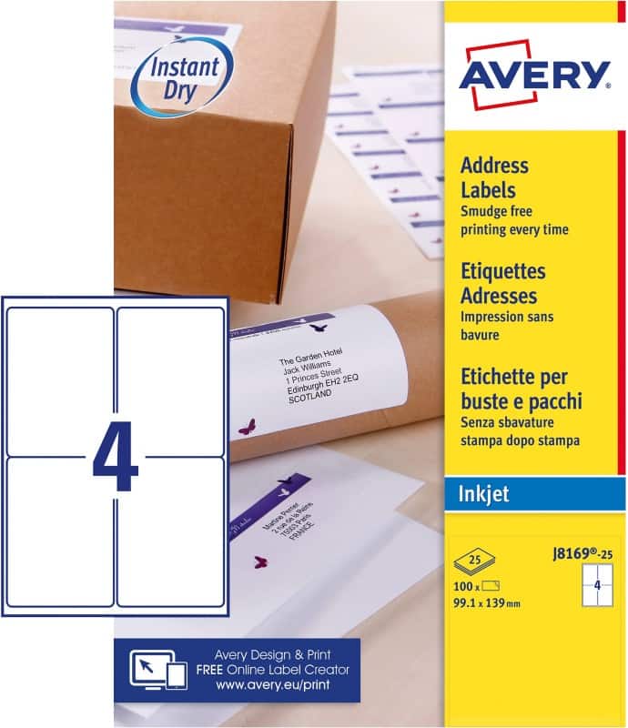 Avery Inkjet Address Labels J8169-25 adhesive A4 White 13.9 x 9.91 cm 25 Sheets of 4 Labels