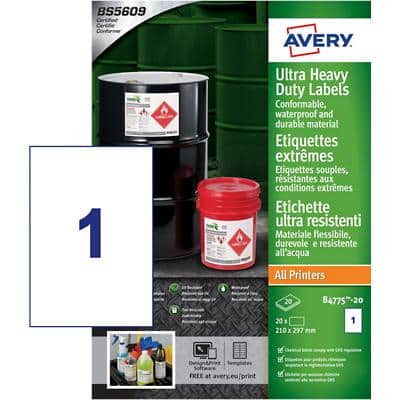 Avery Laser, Inkjet Resistant Labels B4775-20 Yes A4 White 297 x 210 mm 20 Sheets of 1 Labels