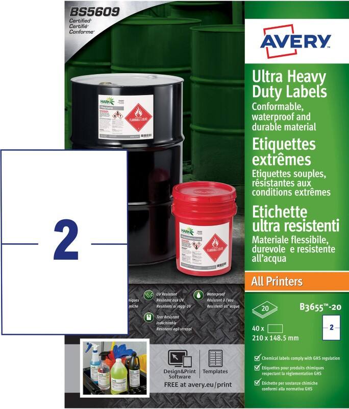 Avery Laser, Inkjet Resistant Labels B3655-20 adhesive A4 White 210 x 148 mm 20 Sheets of 2 Labels