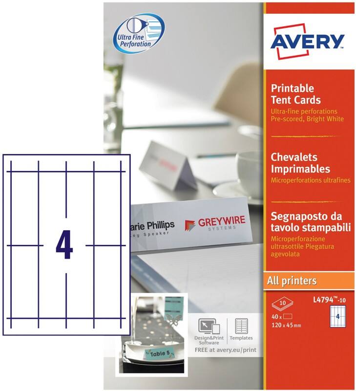 Avery Laser Place Card L4794-10 No A4 White 4.5 x 12 cm Pack of 40